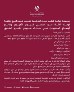 بيان سفارة قطر بالقاهرة بشأن حادث الدبلوماسيين القطريين على طريق شرم الشيخ